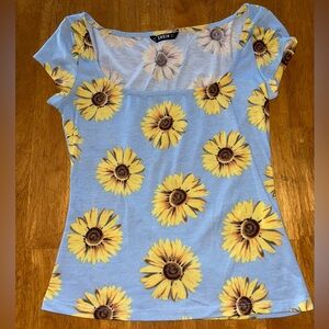Shein Women’s Scoop Neck Sunflower Print Blue Top